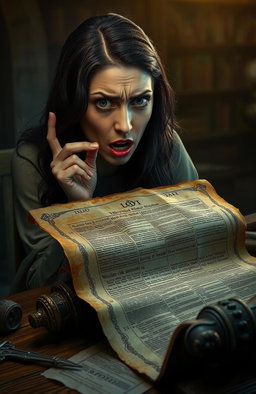 A woman with an expression of horror and shock, staring wide-eyed at an ancient, rolled-up scroll resting on a wooden table