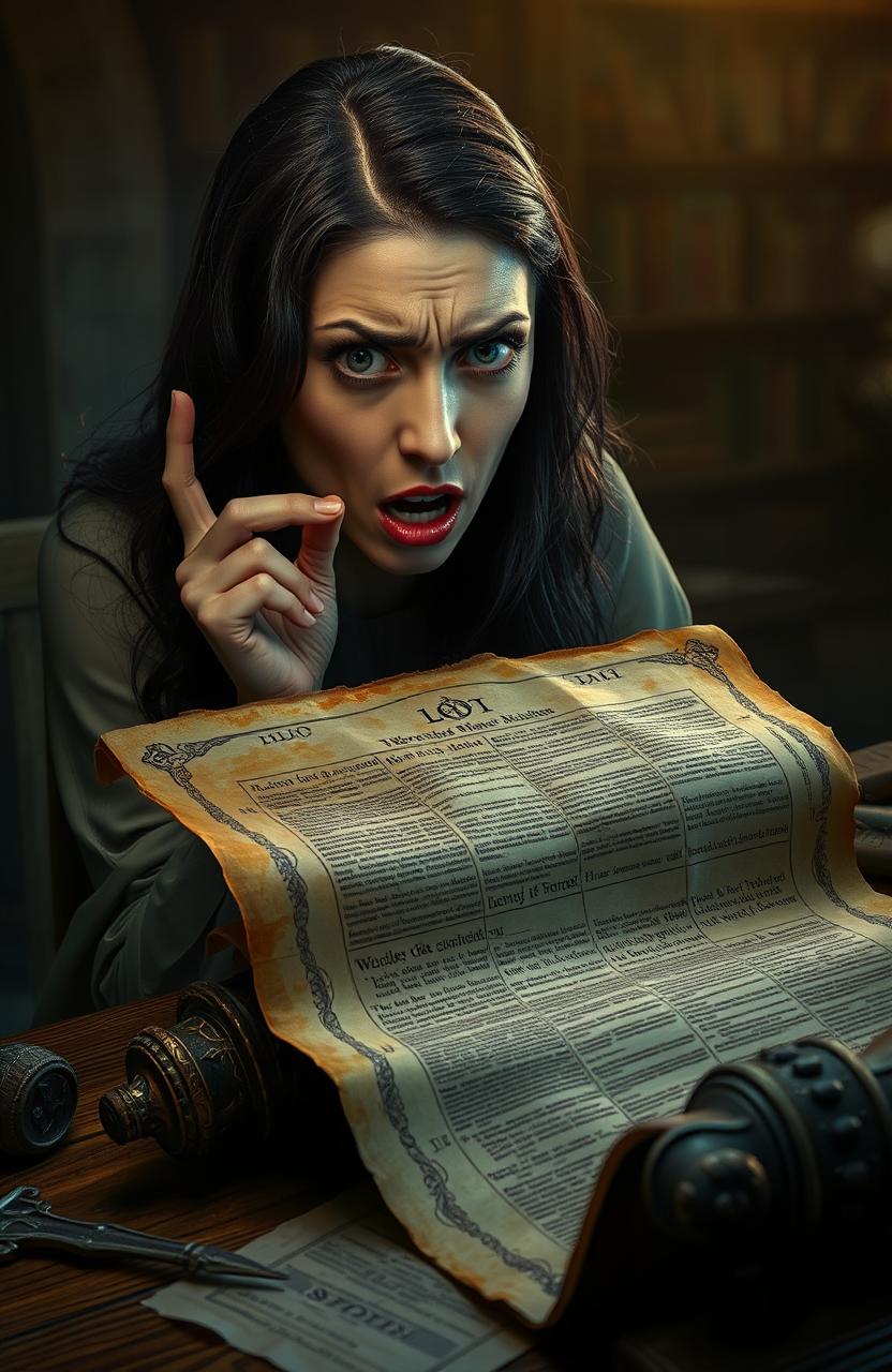 A woman with an expression of horror and shock, staring wide-eyed at an ancient, rolled-up scroll resting on a wooden table