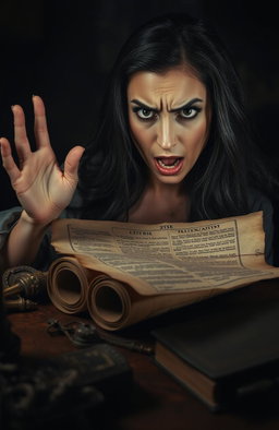 A woman with an expression of horror and shock, staring wide-eyed at an ancient, rolled-up scroll resting on a wooden table