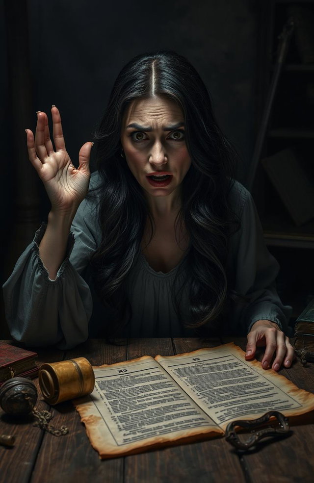 A woman with an expression of horror and shock, staring wide-eyed at an ancient, rolled-up scroll resting on a wooden table