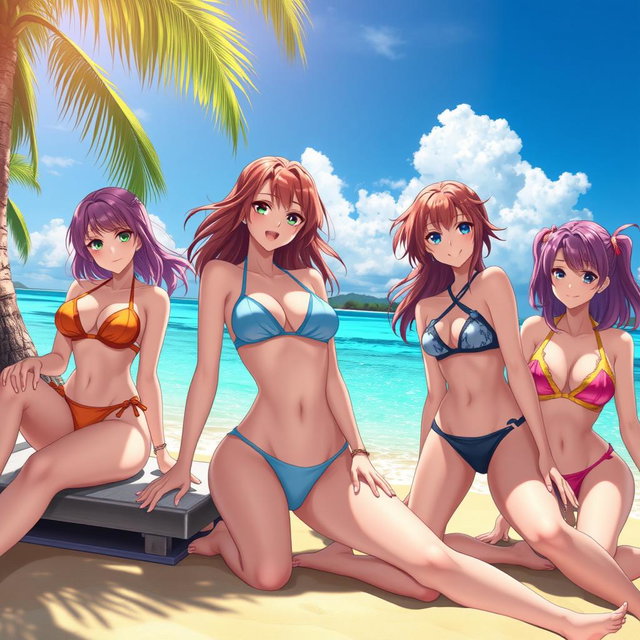 A stunningly realistic depiction of hot anime girls, all of mature appearance, wearing fashionable swimsuits on a tropical beach