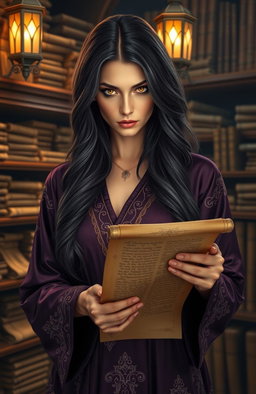 A woman with glowing eyes, gazing intensely at a scroll that is partially rolled open in her hands