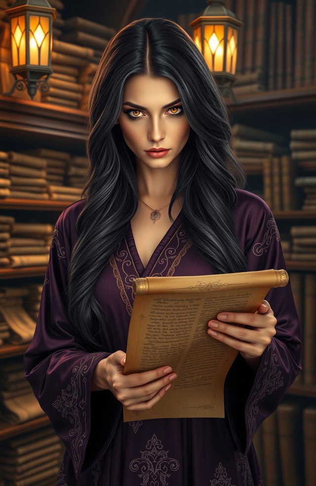 A woman with glowing eyes, gazing intensely at a scroll that is partially rolled open in her hands