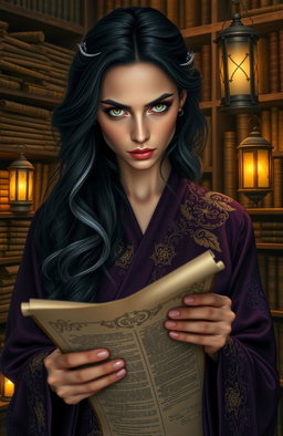 A woman with glowing eyes, gazing intensely at a scroll that is partially rolled open in her hands