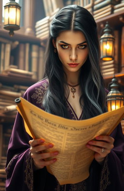 A woman with glowing eyes, gazing intensely at a scroll that is partially rolled open in her hands