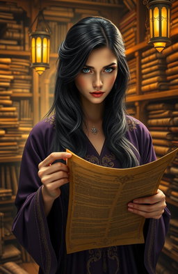 A woman with glowing eyes, gazing intensely at a scroll that is partially rolled open in her hands