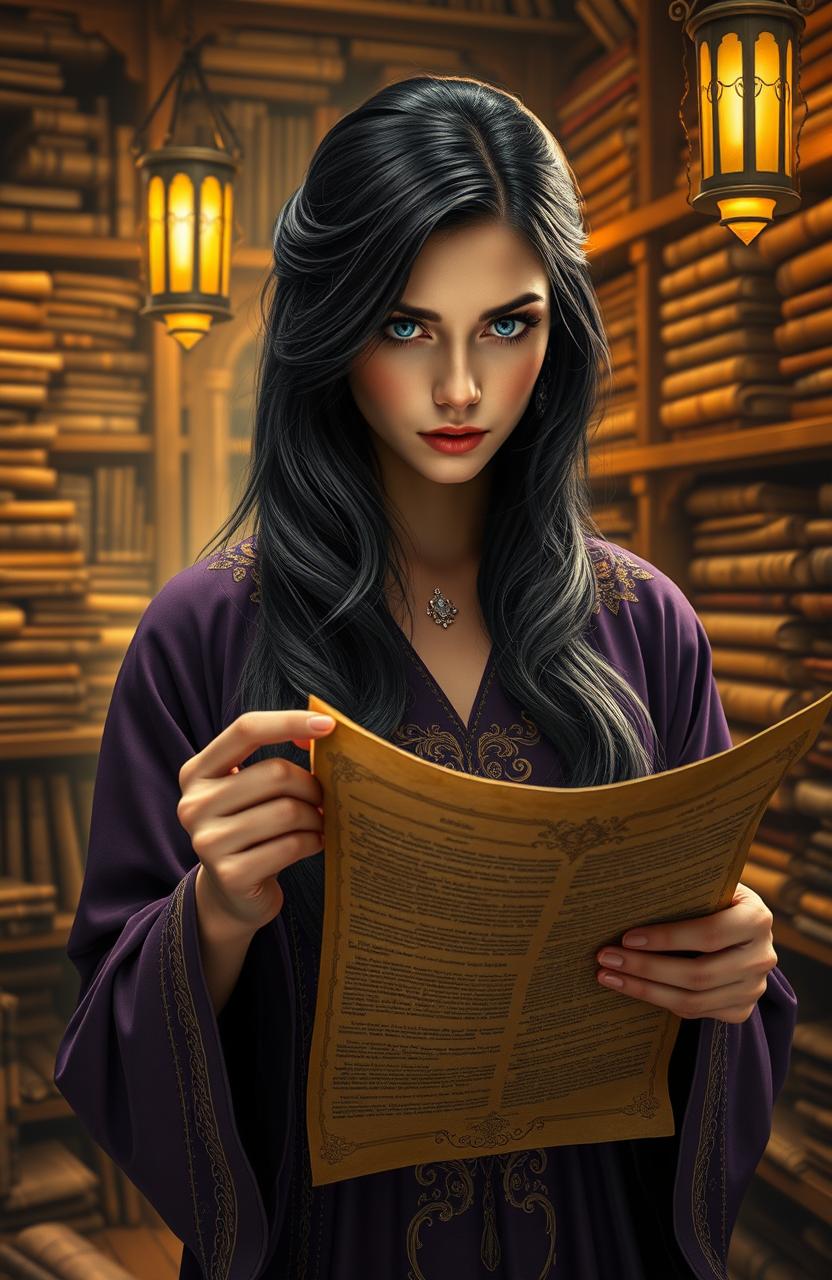 A woman with glowing eyes, gazing intensely at a scroll that is partially rolled open in her hands