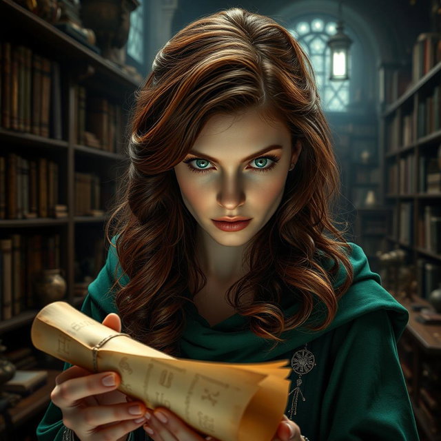 A woman with striking features and piercing green eyes, gazing intensely at a rolled-up scroll held in her hands