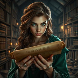 A woman with striking features and piercing green eyes, gazing intensely at a rolled-up scroll held in her hands