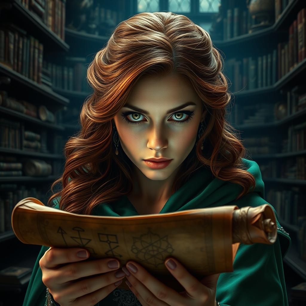 A woman with striking features and piercing green eyes, gazing intensely at a rolled-up scroll held in her hands