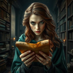 A woman with striking features and piercing green eyes, gazing intensely at a rolled-up scroll held in her hands