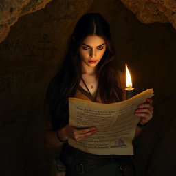 A woman with long, dark hair and a determined expression, standing in a dimly lit cave, intently examining a Herculaneum scroll