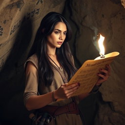 A woman with long, dark hair and a determined expression, standing in a dimly lit cave, intently examining a Herculaneum scroll