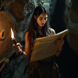 A woman with long, dark hair and a determined expression, standing in a dimly lit cave, intently examining a Herculaneum scroll