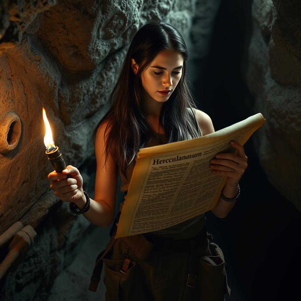 A woman with long, dark hair and a determined expression, standing in a dimly lit cave, intently examining a Herculaneum scroll