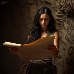 A woman with long, dark hair and a determined expression, standing in a dimly lit cave, intently examining a Herculaneum scroll