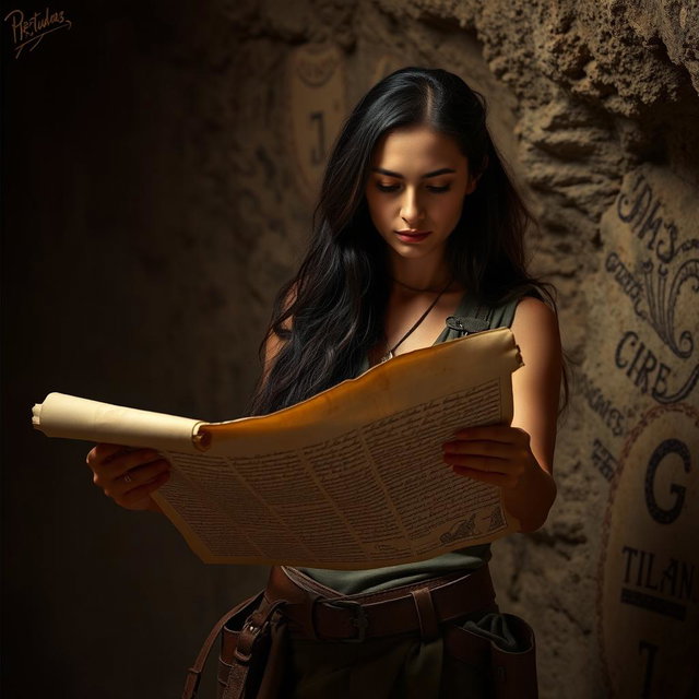 A woman with long, dark hair and a determined expression, standing in a dimly lit cave, intently examining a Herculaneum scroll
