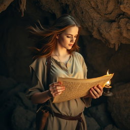 A woman with flowing auburn hair and a focused expression, standing in a shadowy cave as she gazes intensely at a Dead Sea scroll held in her hands