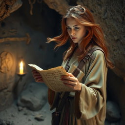 A woman with flowing auburn hair and a focused expression, standing in a shadowy cave as she gazes intensely at a Dead Sea scroll held in her hands