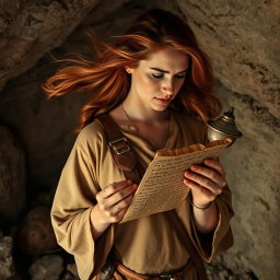 A woman with flowing auburn hair and a focused expression, standing in a shadowy cave as she gazes intensely at a Dead Sea scroll held in her hands