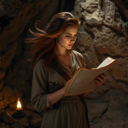 A woman with flowing auburn hair and a focused expression, standing in a shadowy cave as she gazes intensely at a Dead Sea scroll held in her hands