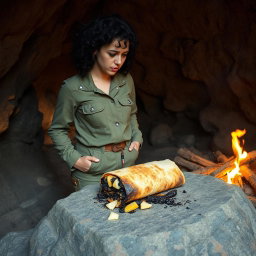 A woman with curly dark hair and an expression of concern, standing in a rugged cave as she examines a charred burrito on a natural stone surface