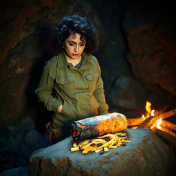 A woman with curly dark hair and an expression of concern, standing in a rugged cave as she examines a charred burrito on a natural stone surface