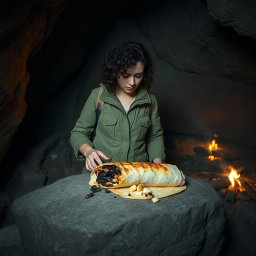 A woman with curly dark hair and an expression of concern, standing in a rugged cave as she examines a charred burrito on a natural stone surface