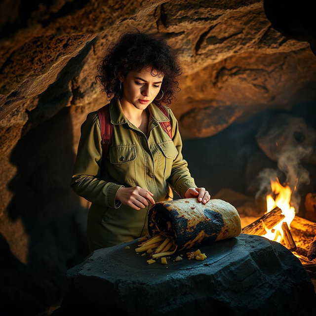 A woman with curly dark hair and an expression of concern, standing in a rugged cave as she examines a charred burrito on a natural stone surface