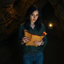 A woman with shoulder-length black hair and a serious expression, standing in a dark, rocky cave as she examines a burnt roll of paper in her hands