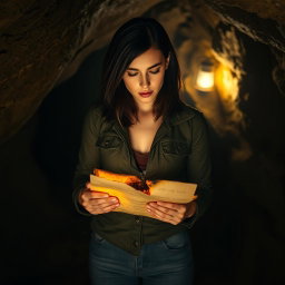 A woman with shoulder-length black hair and a serious expression, standing in a dark, rocky cave as she examines a burnt roll of paper in her hands