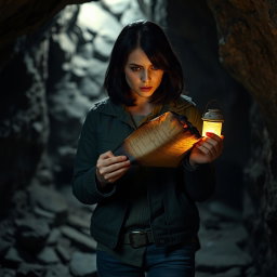 A woman with shoulder-length black hair and a serious expression, standing in a dark, rocky cave as she examines a burnt roll of paper in her hands