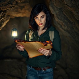 A woman with shoulder-length black hair and a serious expression, standing in a dark, rocky cave as she examines a burnt roll of paper in her hands
