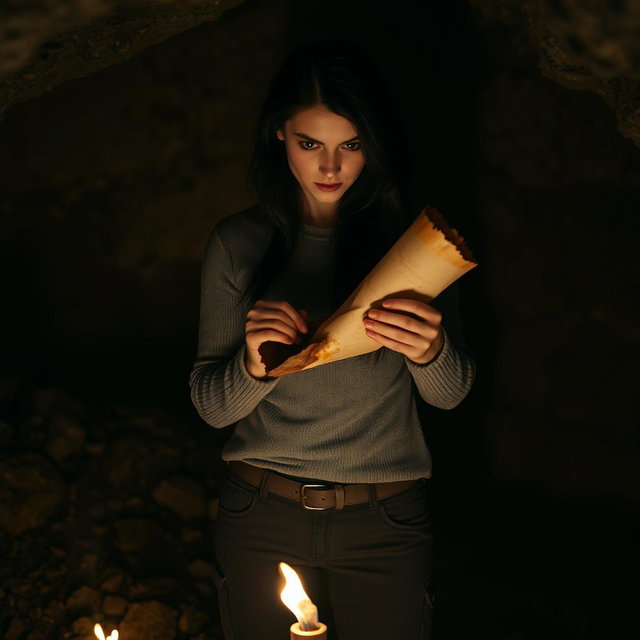 A woman with long dark hair and an intense gaze, standing in a dim cave, carefully examining a burnt rolled-up piece of paper in her hands