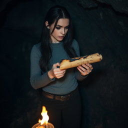 A woman with long dark hair and an intense gaze, standing in a dim cave, carefully examining a burnt rolled-up piece of paper in her hands