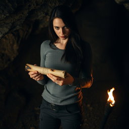 A woman with long dark hair and an intense gaze, standing in a dim cave, carefully examining a burnt rolled-up piece of paper in her hands