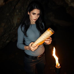 A woman with long dark hair and an intense gaze, standing in a dim cave, carefully examining a burnt rolled-up piece of paper in her hands