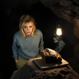 A woman with disheveled blonde hair and wide eyes, standing in a dark cave with a look of horror on her face as she gazes at a burnt loaf of bread on a flat rock surface