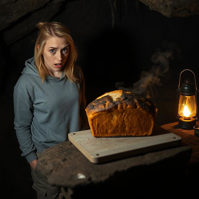 A woman with disheveled blonde hair and wide eyes, standing in a dark cave with a look of horror on her face as she gazes at a burnt loaf of bread on a flat rock surface