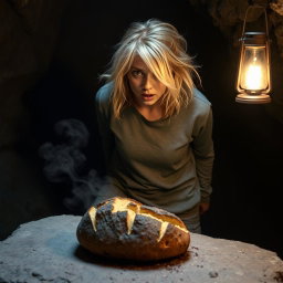 A woman with disheveled blonde hair and wide eyes, standing in a dark cave with a look of horror on her face as she gazes at a burnt loaf of bread on a flat rock surface