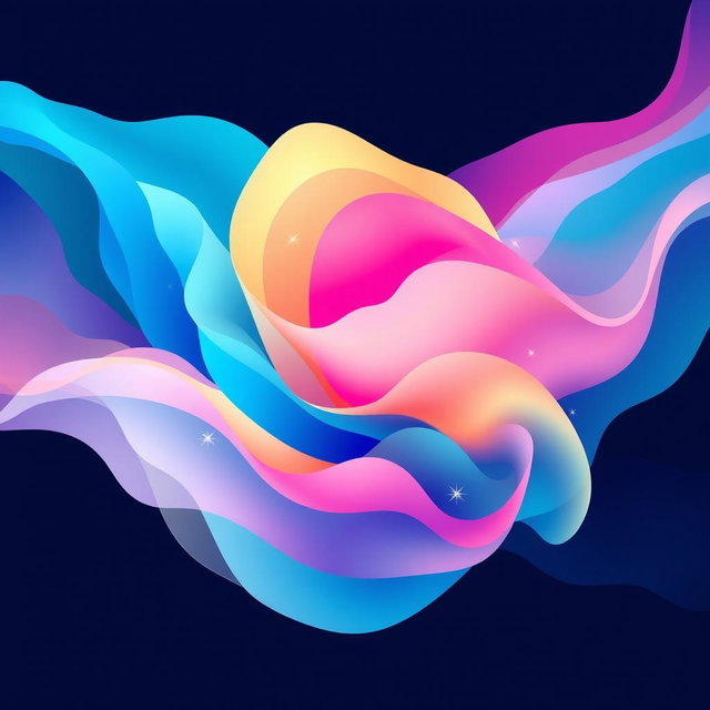 Create an abstract composition with vibrant colors and flowing shapes, blending shades of blue, pink, and yellow