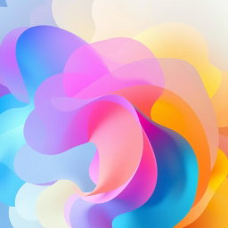 Create an abstract composition with vibrant colors and flowing shapes, blending shades of blue, pink, and yellow