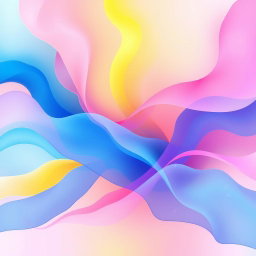 Create an abstract composition with vibrant colors and flowing shapes, blending shades of blue, pink, and yellow