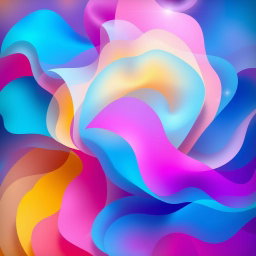 Create an abstract composition with vibrant colors and flowing shapes, blending shades of blue, pink, and yellow