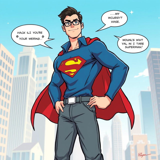 Illustrate a humorous scene featuring a confident superhero, wearing a traditional Superman suit with bright red and blue colors, but instead of wearing the suit, he is casually holding it over his shoulder while wearing a stylish and casual outfit underneath