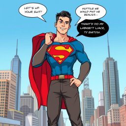 Illustrate a humorous scene featuring a confident superhero, wearing a traditional Superman suit with bright red and blue colors, but instead of wearing the suit, he is casually holding it over his shoulder while wearing a stylish and casual outfit underneath