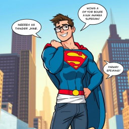 Illustrate a humorous scene featuring a confident superhero, wearing a traditional Superman suit with bright red and blue colors, but instead of wearing the suit, he is casually holding it over his shoulder while wearing a stylish and casual outfit underneath
