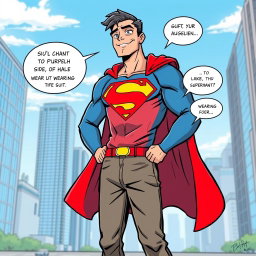 Illustrate a humorous scene featuring a confident superhero, wearing a traditional Superman suit with bright red and blue colors, but instead of wearing the suit, he is casually holding it over his shoulder while wearing a stylish and casual outfit underneath