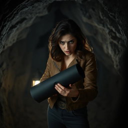 A brunette woman with wavy hair, wide eyes, and a horrified expression, standing in a shadowy cave as she looks at a black roll of paper clutched tightly in her hands