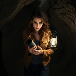 A brunette woman with wavy hair, wide eyes, and a horrified expression, standing in a shadowy cave as she looks at a black roll of paper clutched tightly in her hands